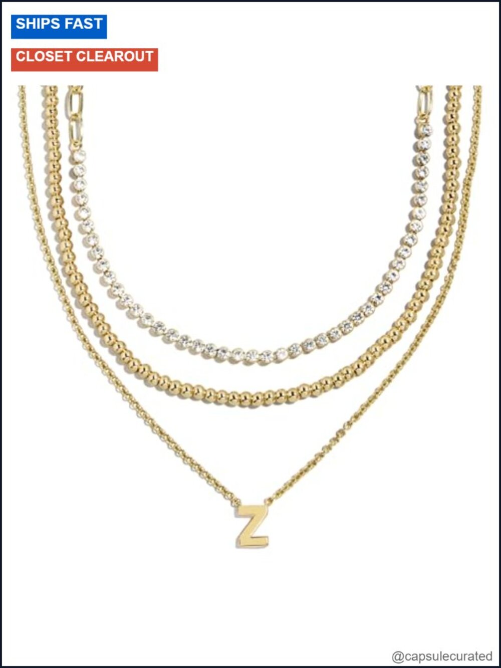 Initial Pendant Necklace with Gold Beads, Cubic Zirconia, 3 Strands